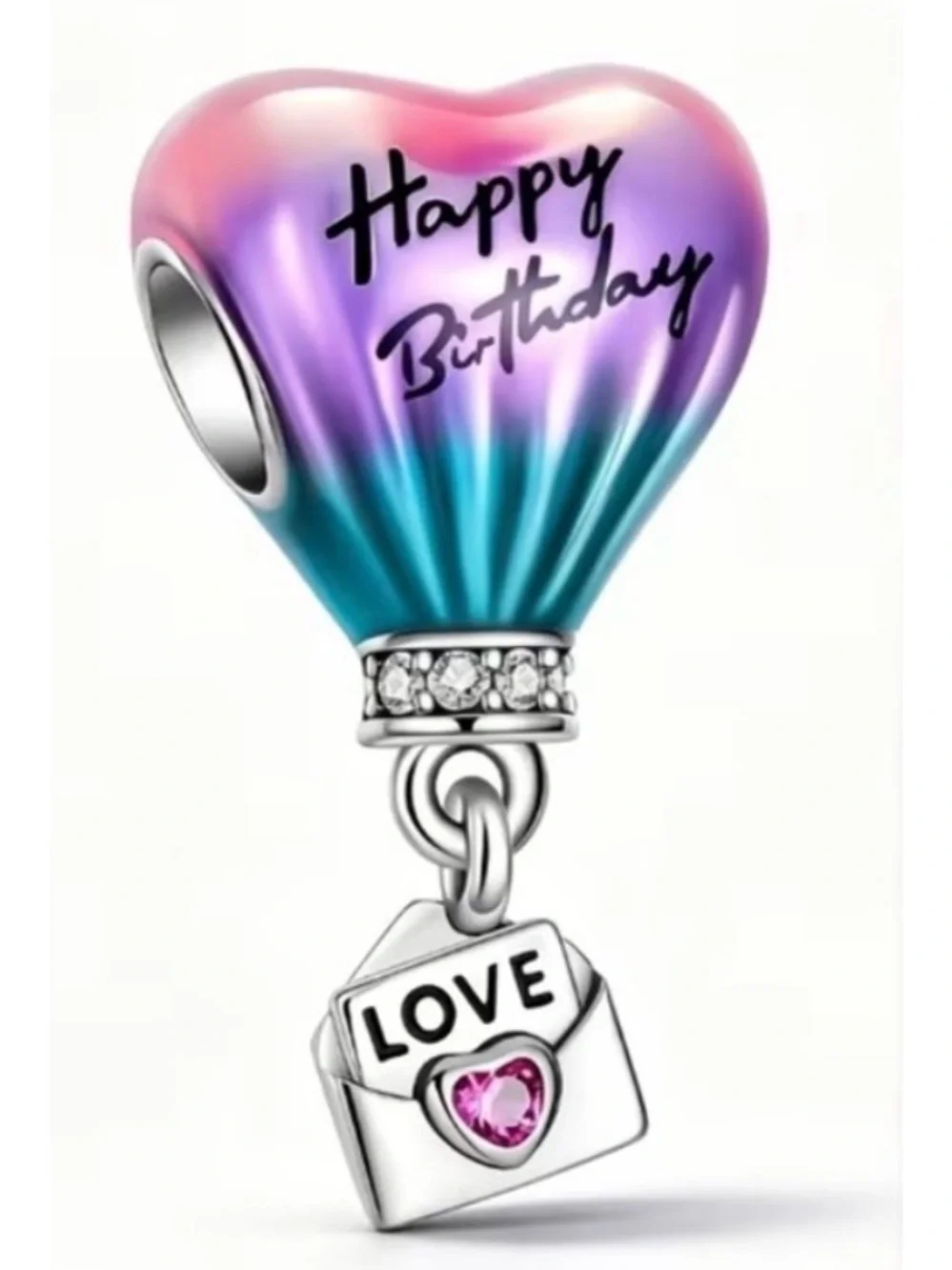 Sterling Silver Happy Birthday Hot Air Balloon Dangle Charm-NEW